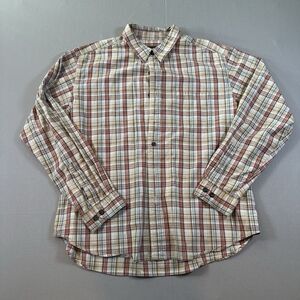 Vintage Eddie Bauer Mens XL Flannel Button Up Shirt Beige Plaid Long Cotton